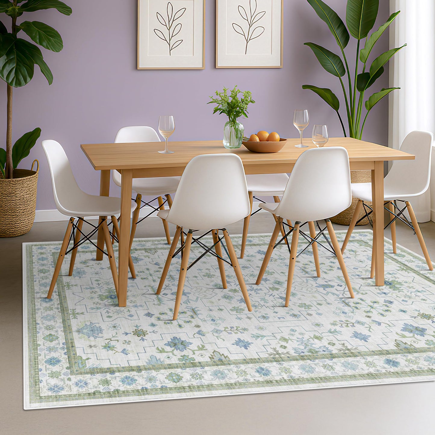 Hazo Haus Cream Oushak 6x9 Bedroom Rug - Boho Floral Cool Blue and Green, Washable Low Pile Non-Slip Ultra-Thin Large Area Rugs for Bed Room, Living Room, Playroom