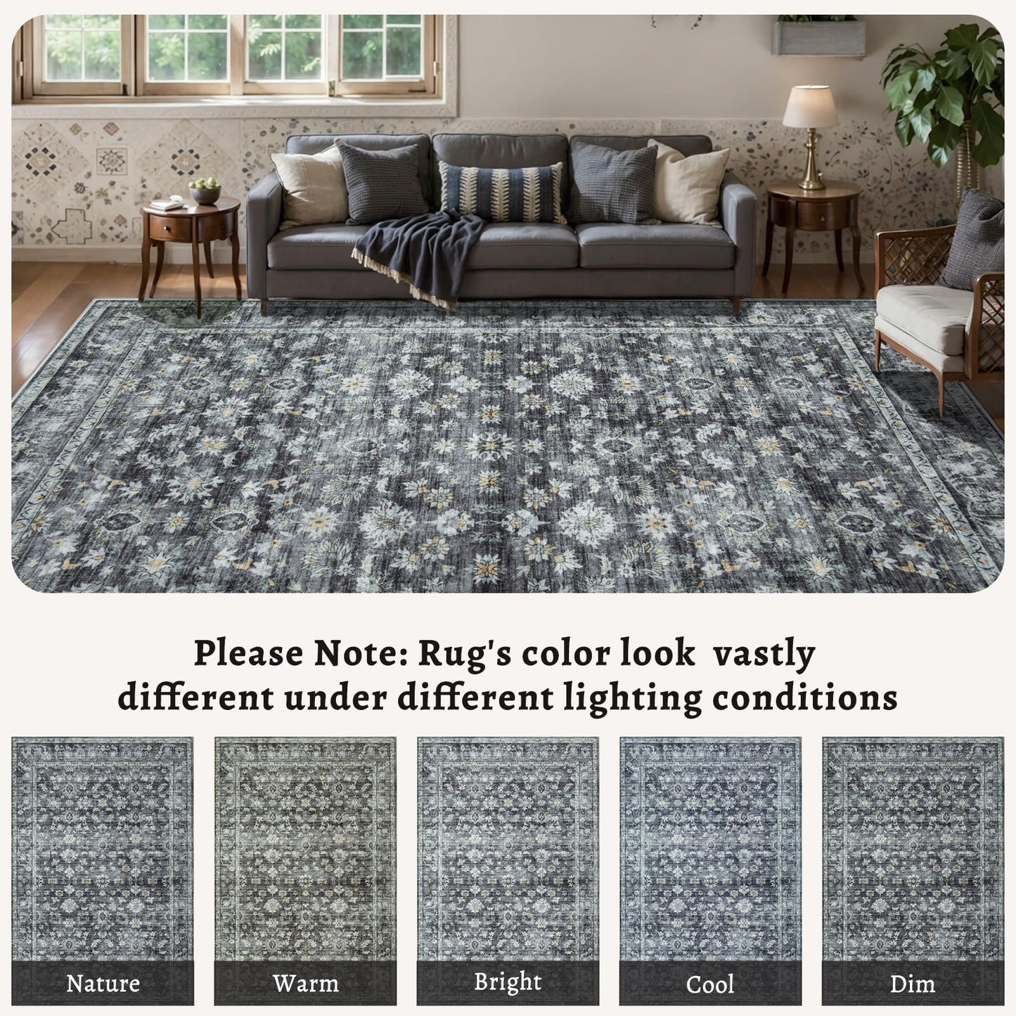 Ciicool Grey Floral Area Rugs 4x6 Washable Rug for Living Room Boho Indoor Non-Slip Carpet Soft Low Pile Bedroom Dining Room Rug Suitable for Playroom Laundry Office Home Decor