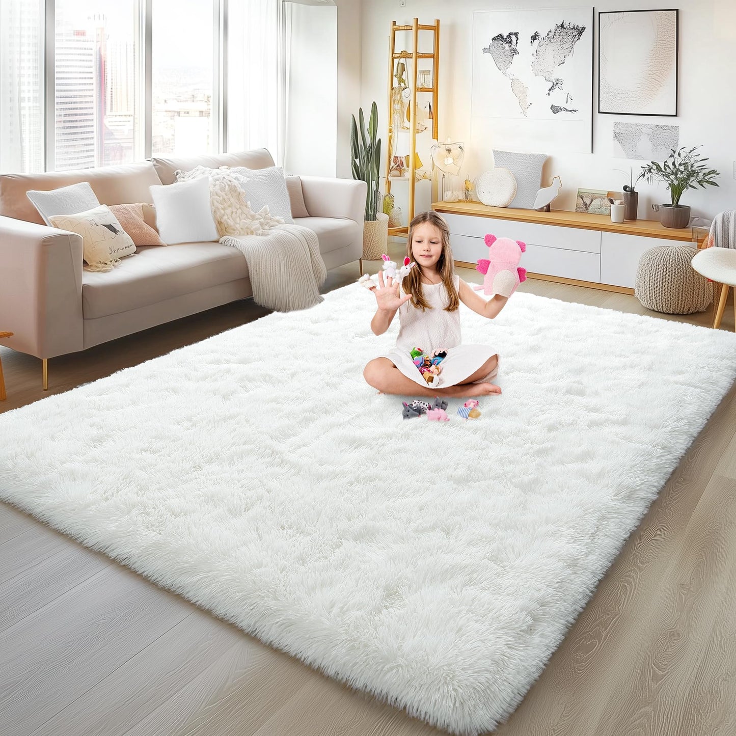 Large 8x10 Area Rugs for Living Room, Cream White Soft Shag Rug for Bedroom, Non-Slip Ultra Fluffy Rug, Modern Plush Carpet for Girls Boys Kids Room Dorm, Fuzzy Rug for Home Decor Aesthetic
