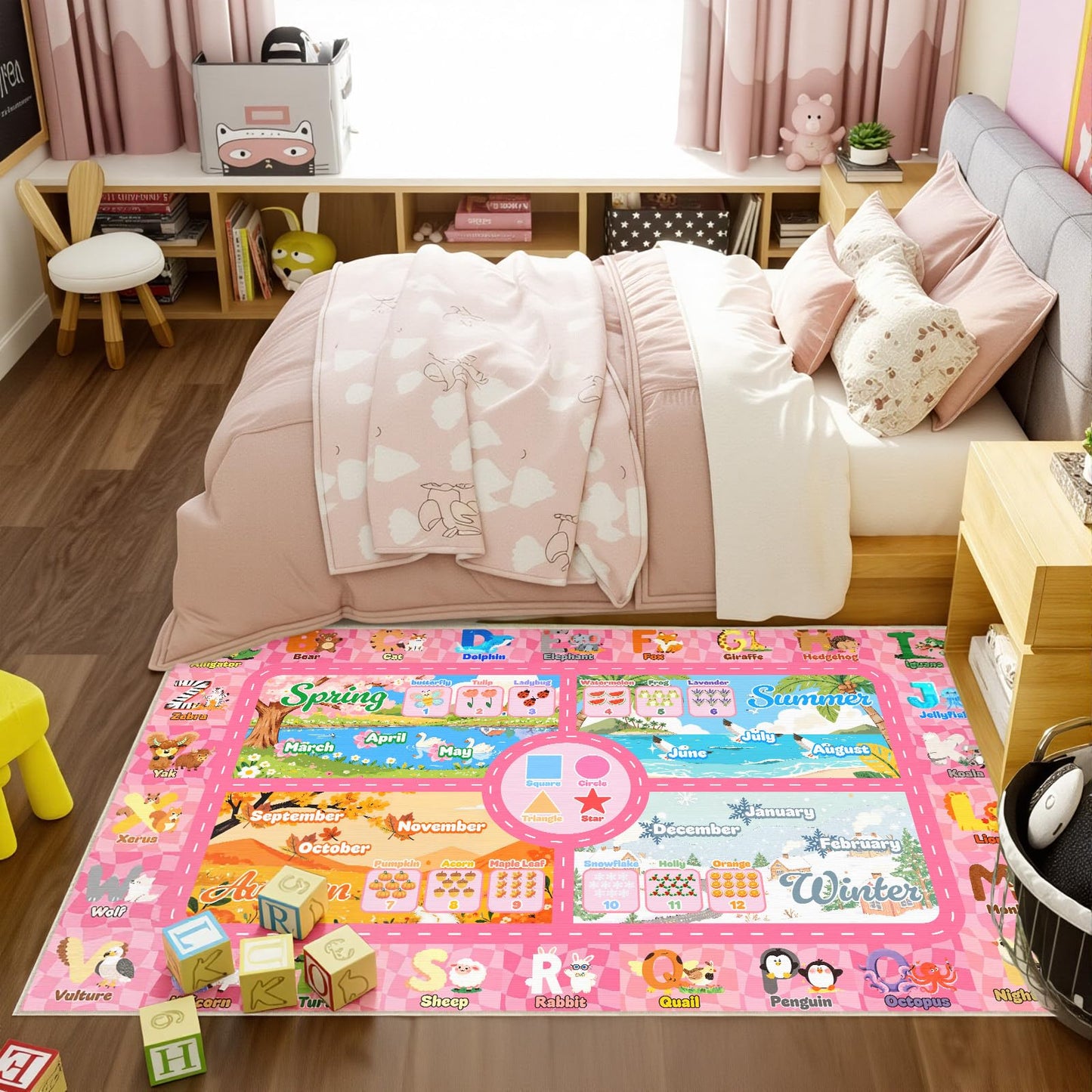 Auetwyona Kids Playroom Rug 4' x 6'- Educational Alphabet ABC Mat with Animals,Seasons & Numbers | Pink Classroom Rug & Playroom Essential Fun Play Mat Washable Kids Area Rug for Girls Bedroom