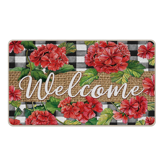 Livcoz Spring Summer Geranium Flower Welcome Front Door Mat, Red Floral Plants Decorative Doormat Non-Slip Floor Entryway Rug, Botanical Plaid Farmhouse Indoor Outdoor Home Kitchen Decor 17''x29''