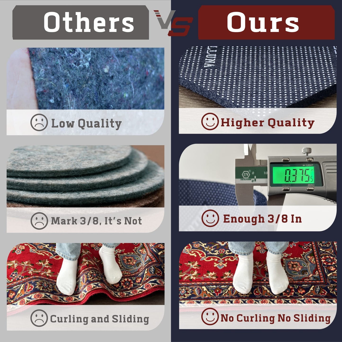 DELLUNA Non-Slip Area Rug Pad 2'x3', 3/8" Thick Double Side Rubber + Felt, Premium Deluxe Cushioned- Safe for All Floors, Adds Comfort and Protection, Ultra Strong Grip, Stop Rug from Moving.