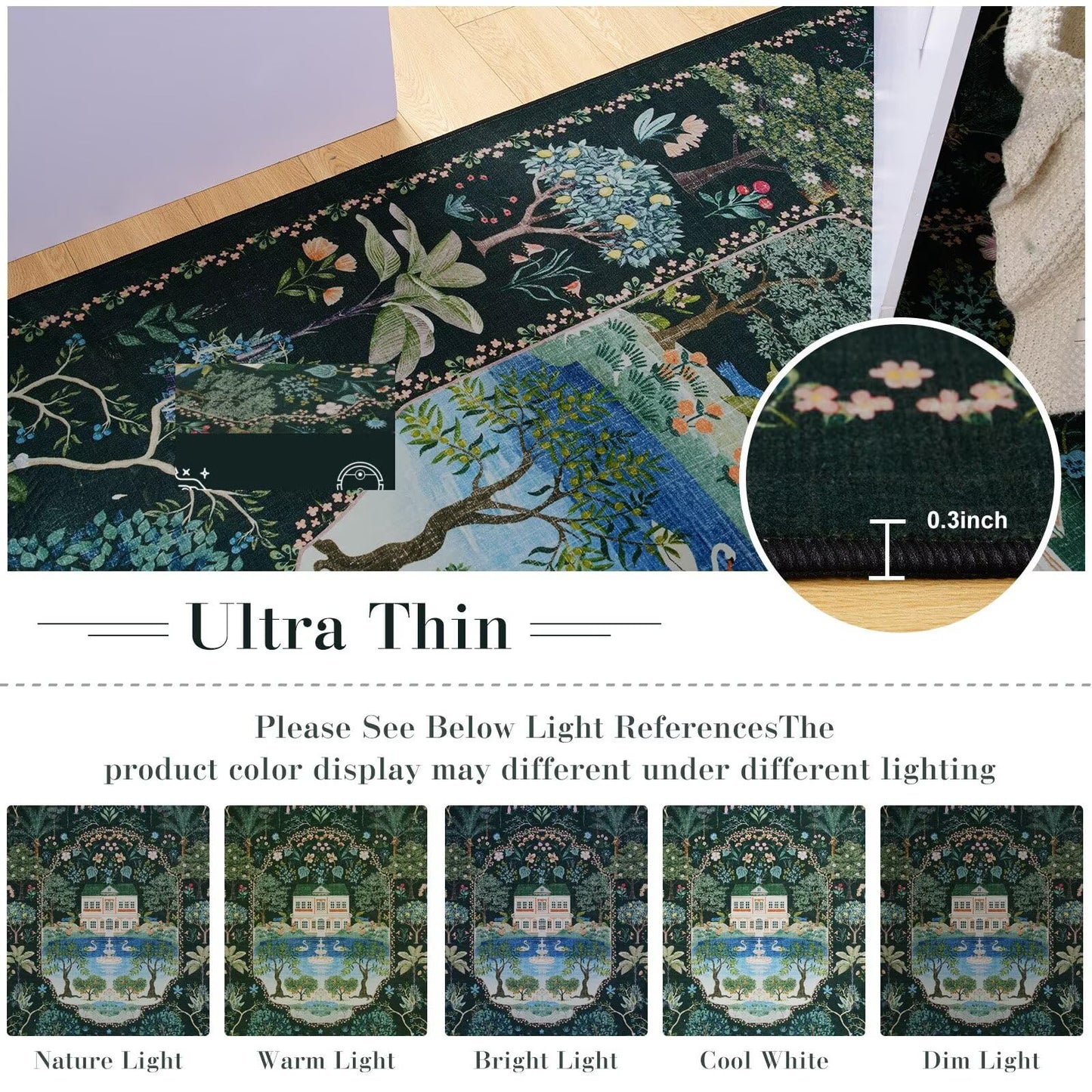 Vasofe 3x5 Bedroom Rug,Washable Rugs for Entryway, Living Room, Indoor Floor Mat, Modern Animal Peacock Floral Mats for Nursery, Farmhouse, Laundry Room, Non Slip Low Pile Soft Carpet, Black Green