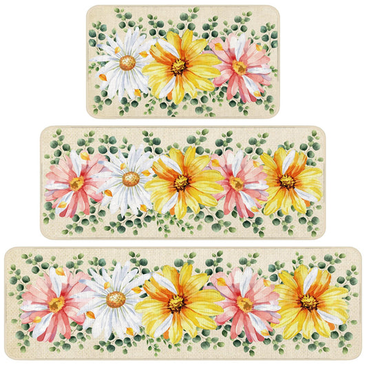 Bencailor 3 Pcs Spring Kitchen Rugs and Mats Set Daisy Non Slip Farmhouse Spring Cabin Mats for Floor Home Bathroom Decor
