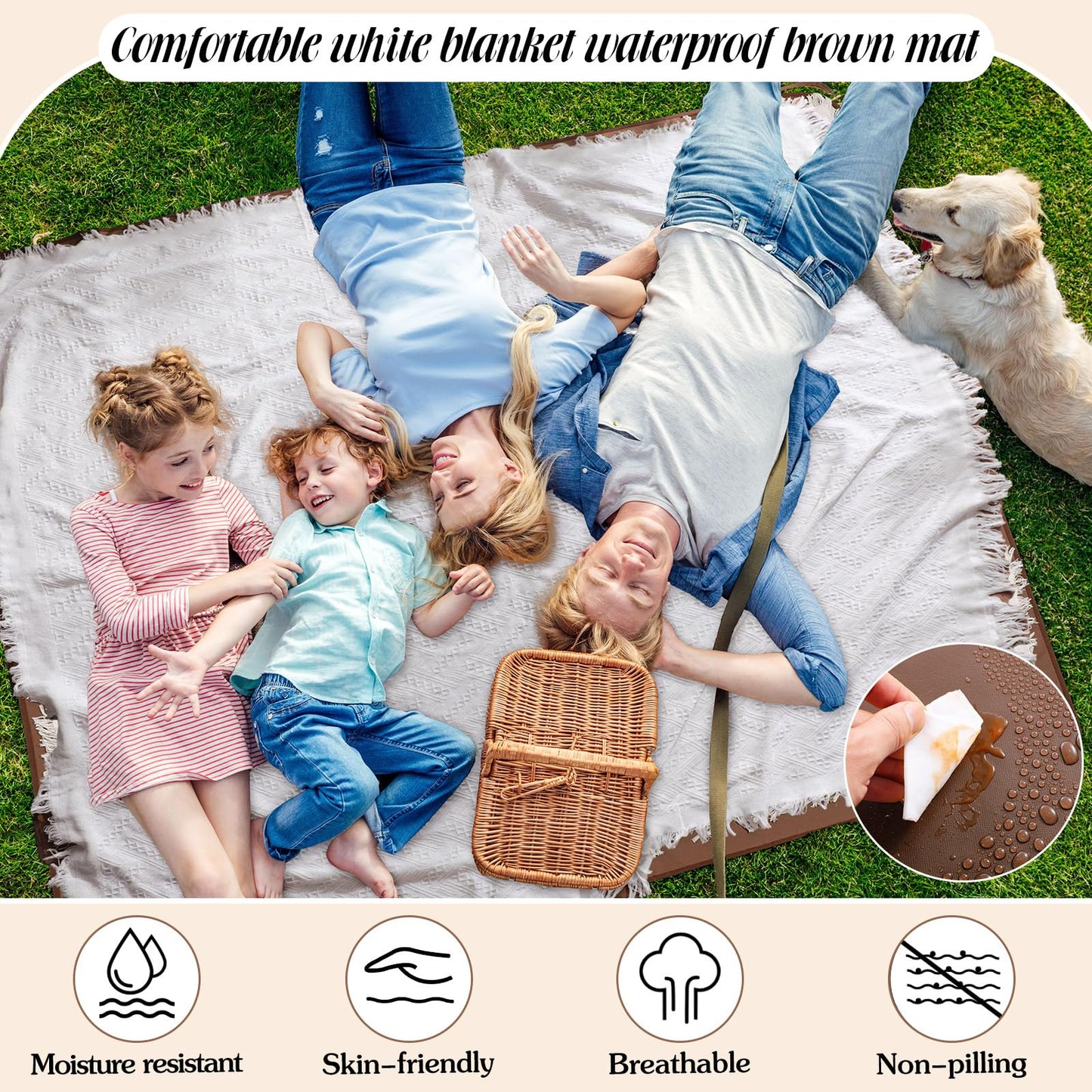 VitalCozy Waterproof Picnic Blankets 71×71 inch Outdoor Blanket Foldable 2 in 1 Double Layer Sandproof Beach Mat with Carry Strap for Camping Lawn Park Beach Grass(White)