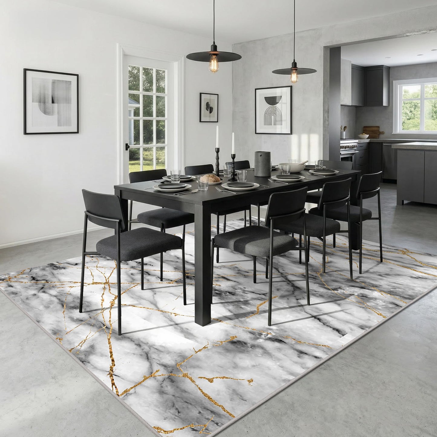 Merelax 6x9 Area Rug for Livingroom Bedroom - Washable Non-Slip Large Grey Rug, Indoor Floor Carpet Low Pile Soft Rug for Dining Room, Mudroom, Modern Aesthetic Abstract Geometric Decor, Gray&Gold