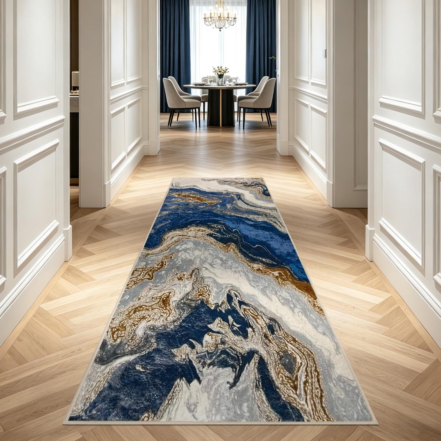 Joydeco Marble Swirl 2x6 Abstract Hallway Runner Rug, White&Blue&Gold