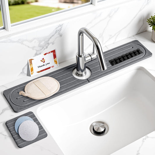 Stone Drying Mat for Kitchen Counter, Diatomite Faucet Mat for Sink with Non-Slip Pads, Fast Dry Water Absorbing Sink Splash Guard and Coaster - Durable and Stylish Design ( 23.5×3.9 Inch ) (GREY)