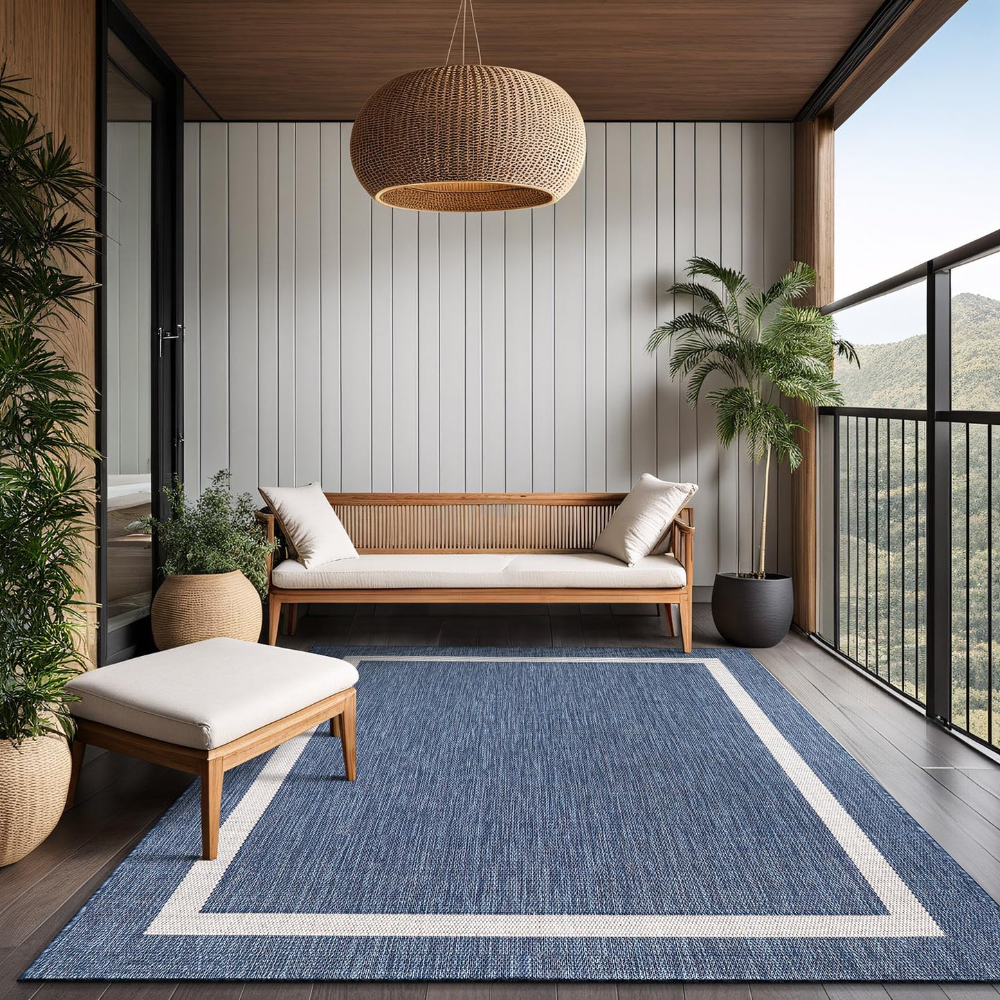 Luul Home Bordered Outdoor Rug 8x10 Washable Outside Carpet for Indoor Patio Porch Waterproof Easy Cleaning Non Shedding Area Rugs Blue 8 x 10
