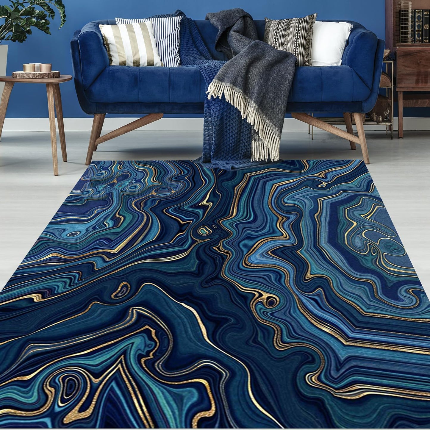 Marble Liquid Swirl Blue Gold Stripe Area Rug 7x10 Contemporary Abstract Art Decor Rug for Living Room Dining Room Playroom Soft Washable Carpet Luxury Chic Home Office Entryway Floor Rug Runner Mat