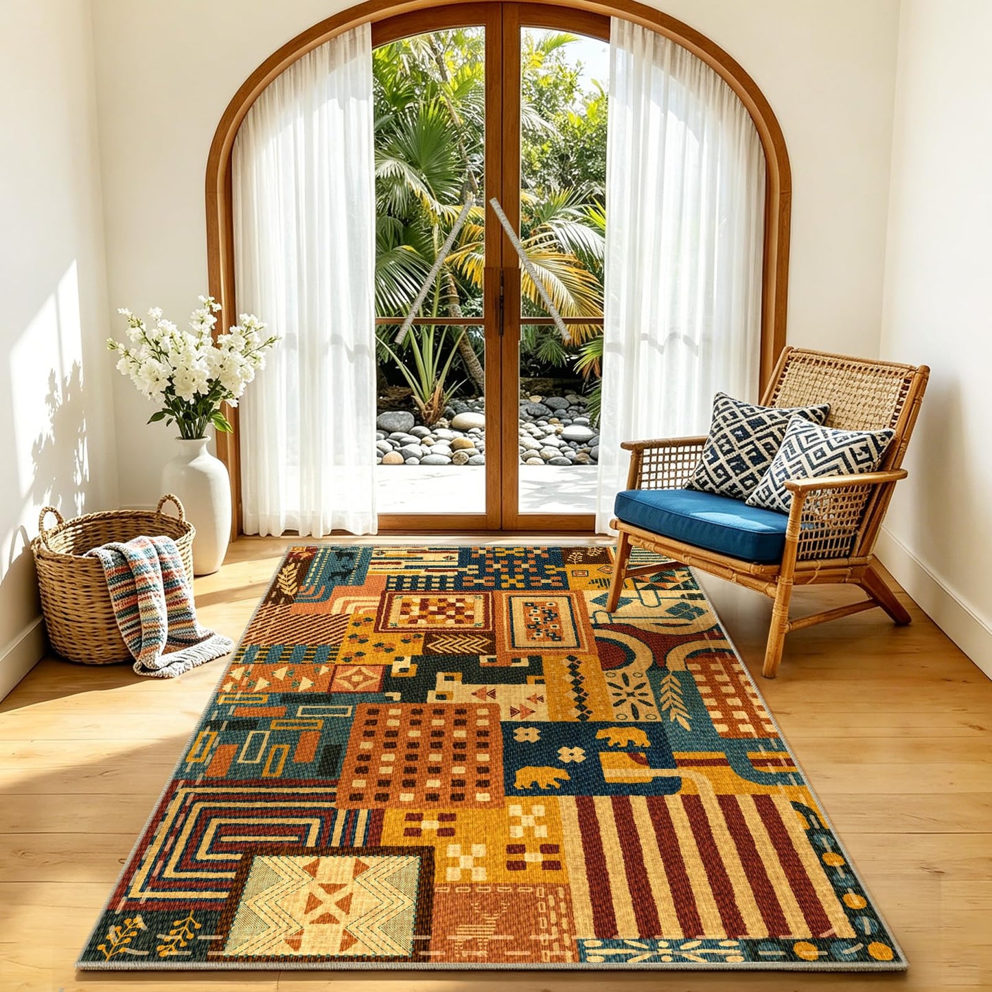 Quntue Easy Jute Front Porch Rug 3x5 Washable Farmhouse Patchwork Tan Rugs for Entryway Non Slip Southwestern Boho Indoor Outdoor Carpet for Patio, Kitchen, Bedroom, Entrance