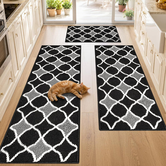 Kitchen Mats for Floor 3 Piece Set,Farmhouse Kitchen Runner Rugs Non Skid Washable,Soft Comfort Kitchen Mats for Floor Sets,Kitchen Area Rug Floor Mat for Bathroom Entryway Indoor Door(Black)