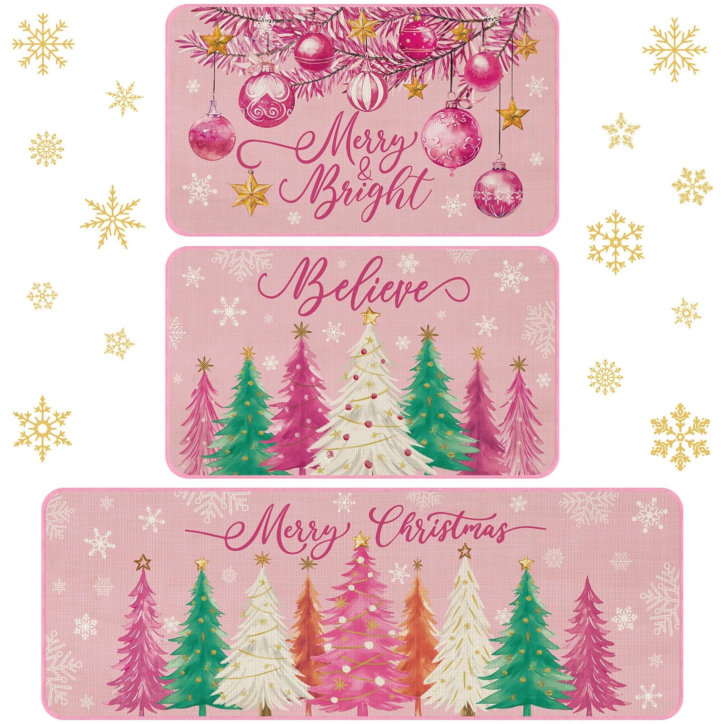 Drydiet 3 Pcs Christmas Kitchen Rug and Mat Set Washable Pink Xmas Tree Kitchen Floor Mats Waterproof Non Slip Farmhouse Merry Christmas Doormat Holiday Xmas Decor for Home Office Bathroom Party Decor