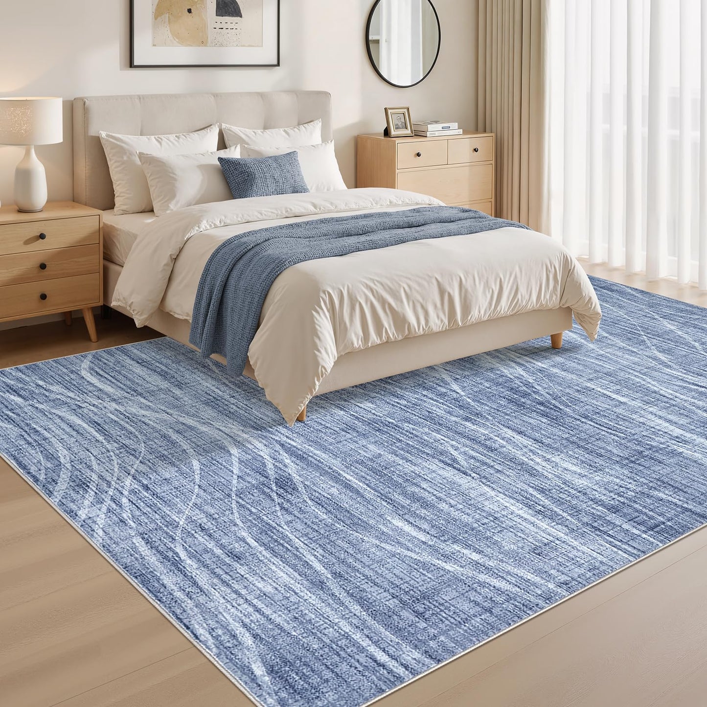 WITSHOCK 5x7 Area Rug for Living Room, Washable Rugs for Bedroom Kitchen Nursery Dining Room Office, Modern Wave Striped Rugs, Soft Thin Carpet Non Slip Low Pile for Home Decor, Blue