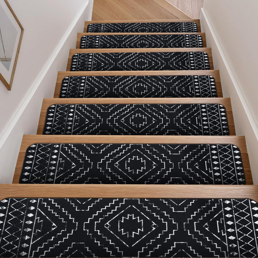 OJIA Boho Stair Treads Non-Slip Stair Runners for Wooden Steps Indoor 15PCS 30"x8" Washable Carpet Stair Treads Stair Mats Staircase Step Treads for Kids, Elders and Dogs, Stair Covers, Black