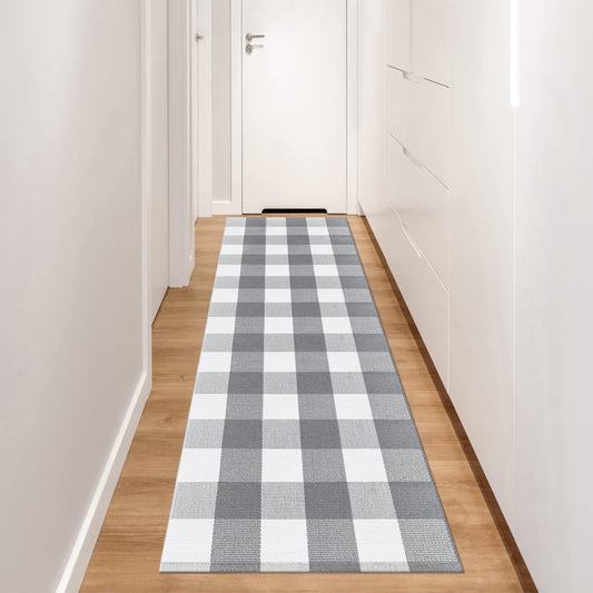 Aoczes Buffalo Plaid Runner Rug 2x6 Feet Grey and White Checkered Runner Rug Cotton Woven Farmhouse Floor Mat Washable Rugs for Hallway Kitchen Laundry Bedroom Living Room