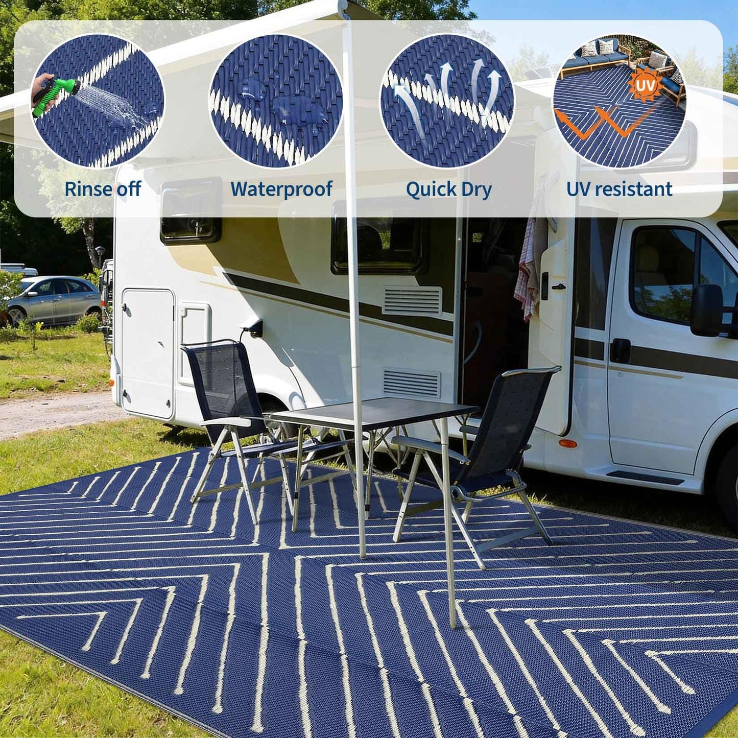 Garvee Striped 5x8 Outdoor Rug Waterproof Reversible Patio Mat, Portable Lightweight Plastic Straw Camping Rug for RV, Balcony, Backyard, Porch, Beach, Picnic, UV Protected & Easy Clean, Navy & White