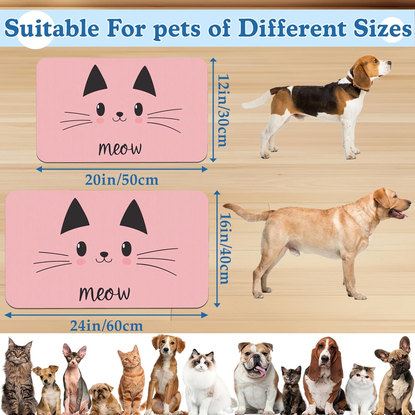 Pink Cat Dog Food Mat–Absorbent Quick Dry Feeding Placemat for Food and Water Bowls, Non Slip Rubber Backing, Waterproof Pet Supplies for Mess-Free Eating 12"x20"