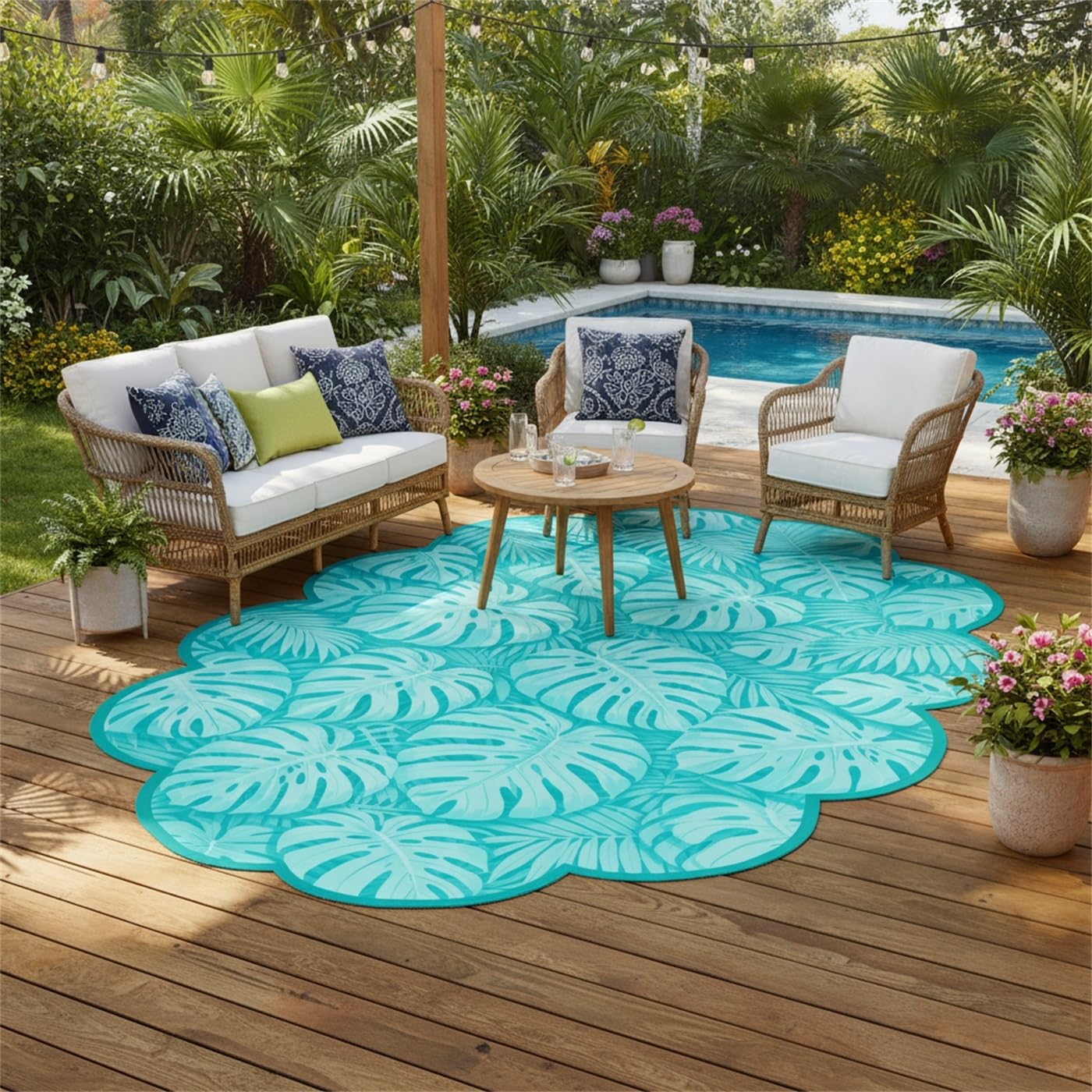 Monstera Palm Leaf 2x3 Outdoor Waterproof Area Rug for Porch Patio Deck Camping Teal Tropical Plant Scalloped Irregular Shaped Rugs Non Slip Thin Washable Veranda Front Yard Foyer Carpet Outside Mat