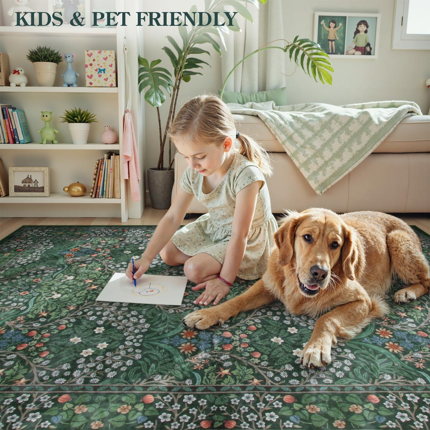 Lahome Dark Green Bedroom Rugs 5x7, Soft Washable Rugs for Dining Room, Boho Non Slip Low Pile Forest Stain Resistance Floral Carpet for Living Room Office Giverny, Dark Green