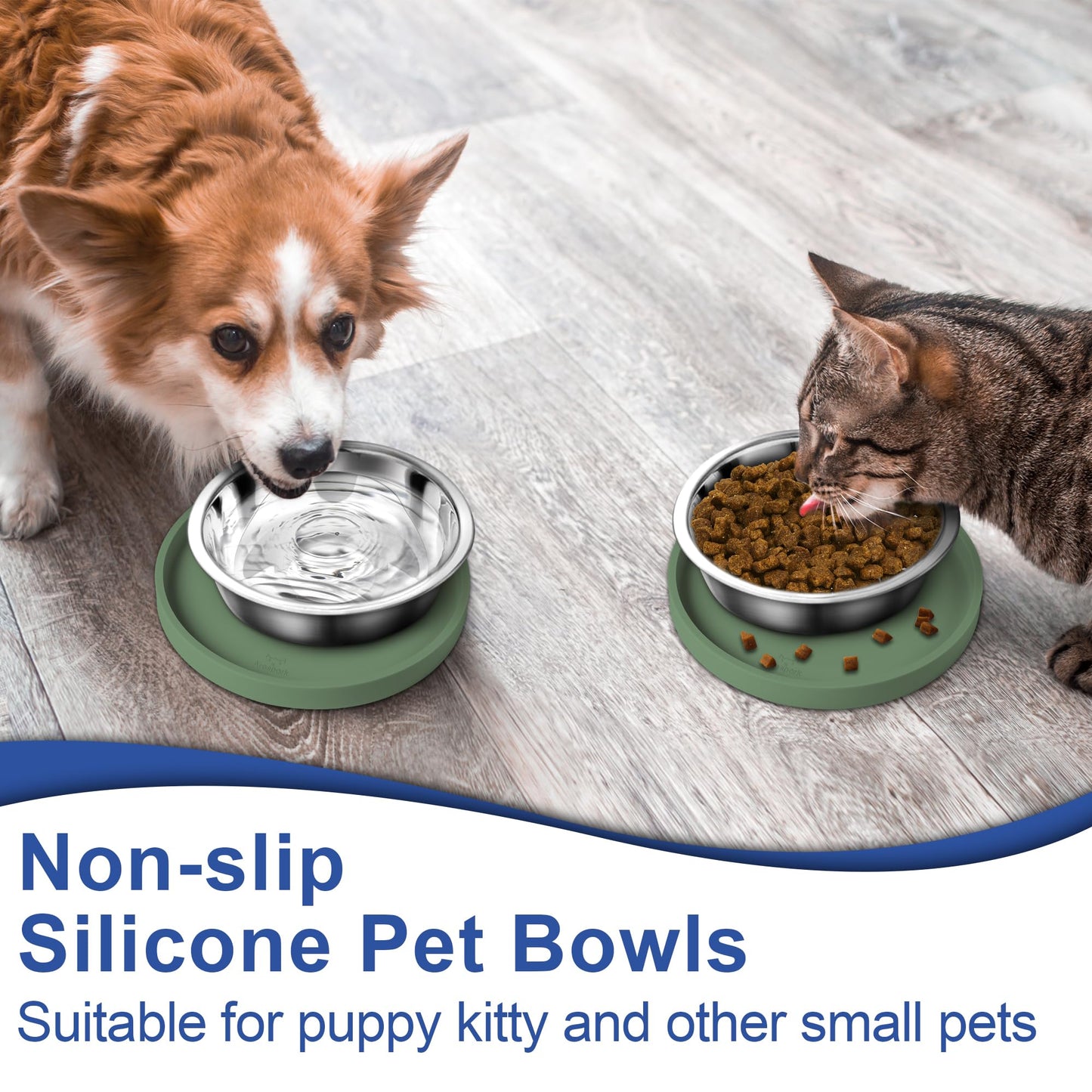 Arespark Pet Silicone Food Mat, 6in x 6in Set of 2 Nonslip Waterproof Feeding Bowl Mat with Raised Edges for Food and Water Prevent Spills, Round Eating Tray for Dog Cat Puppy Kitten (Olive Green)