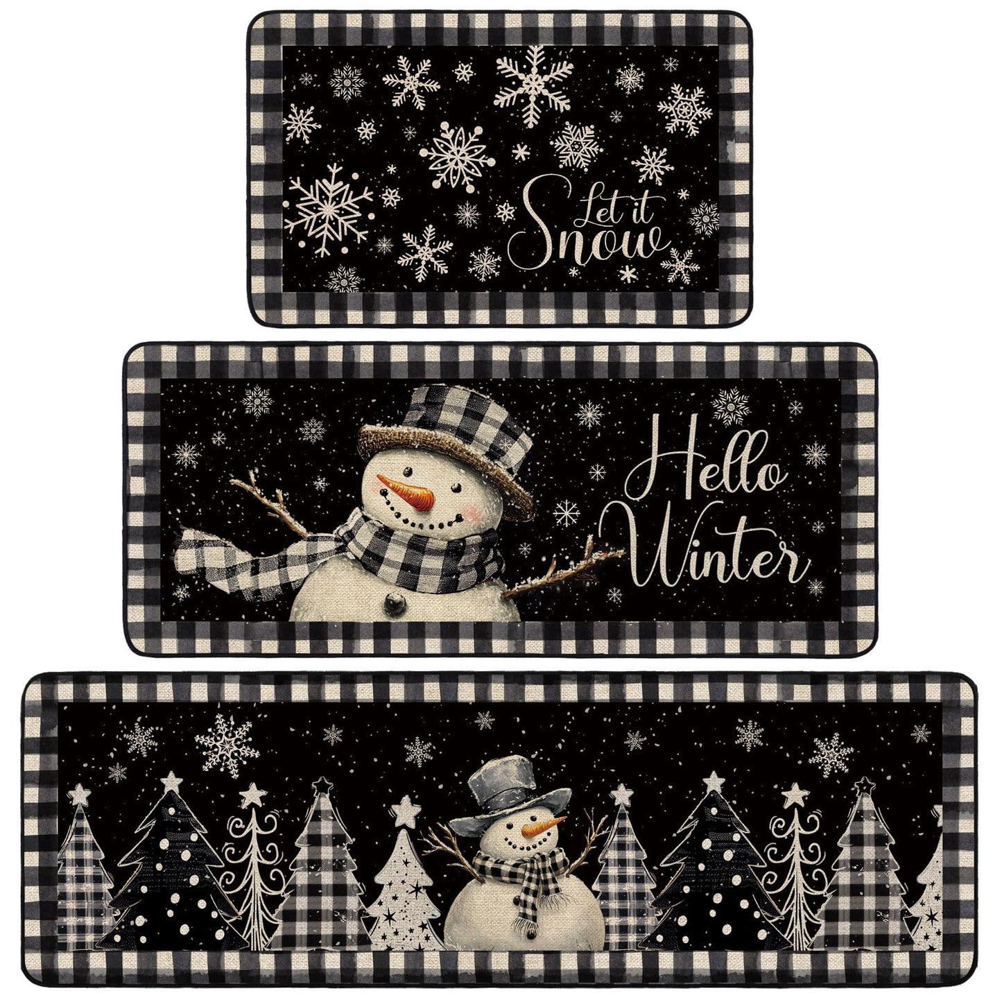 Drydiet 3 Pcs Winter Kitchen Rugs Non Slip Winter Floor Mat Snowman Kitchen Floor Hallway Laundry Sink and Bathroom, 20"x32" 20"x47", 20"x59"