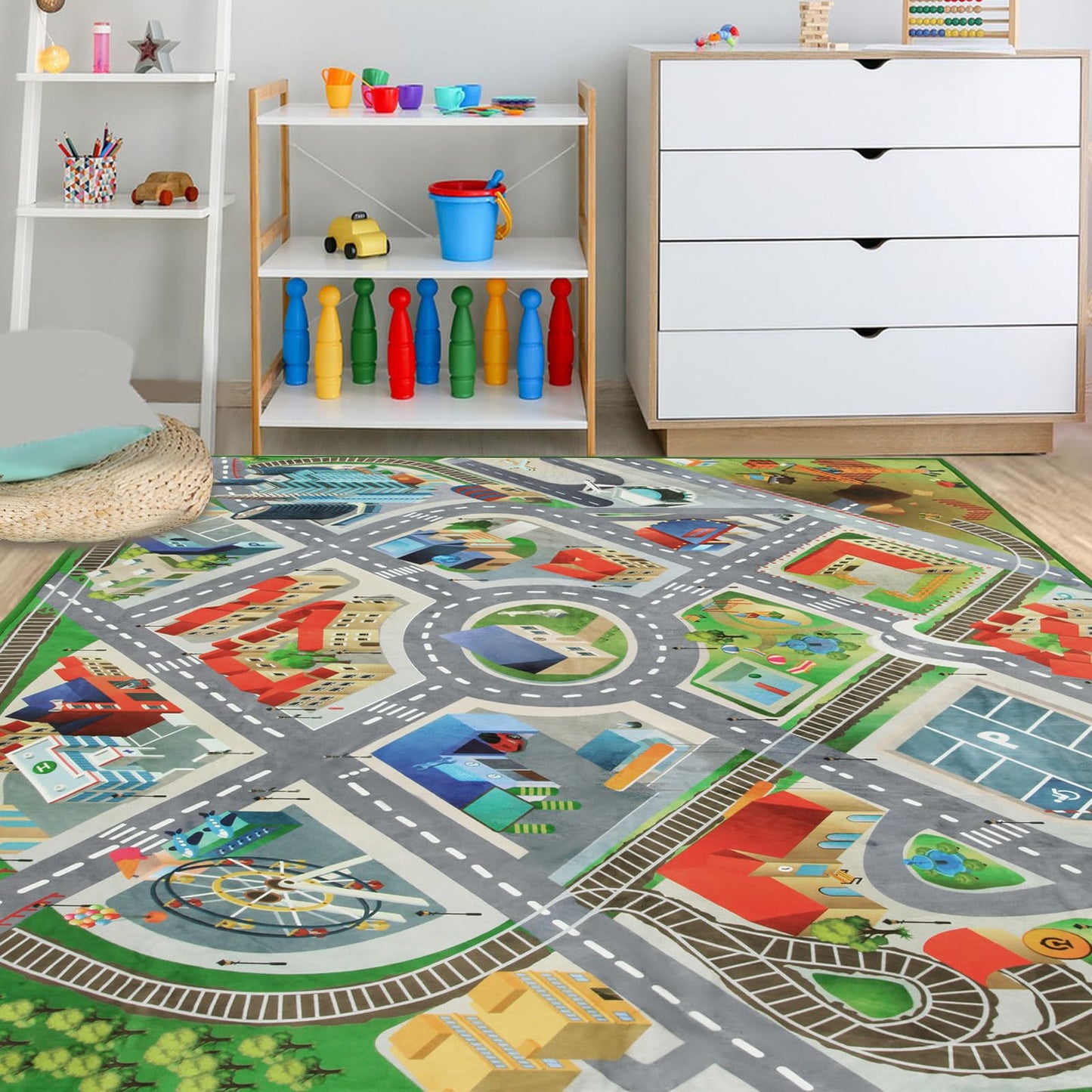 Large Kids Carpet Play Mat Rug for Playroom, 48'' x 71'’ Car Rugs Mat for Kids Toy Cars, City Life with Road Traffic Playmat Rugs Great for Kids Bedroom Play Room Boy Room Decor, Grey