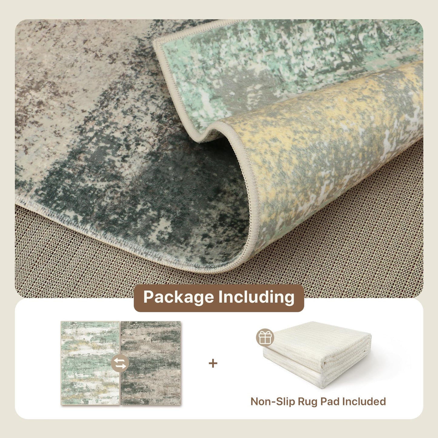 BEIMO Reversible 6x9 Area Rugs for Living Room, Modern Abstract Dual-Sided Carpet, Machine Washable Soft Low Pile Rug for Bedroom Dining Room, Includes Non-Slip Rug Pad, Green & Grey