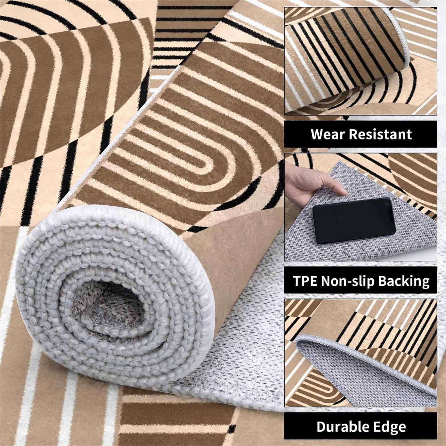 5x7 ft Mid Century Modern Geometric Area Rug, Boho Brown Beige Abstract Carpet, Soft Non-Slip Living Room Rug for Bedroom & Office, Washable Low Pile Floor Mat, Easy to Clean