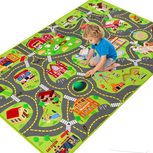 Kids Car Rug Play Mat, Non Slip City Road Carpet for Kids Toy Cars, Car Track Rug Play Mats for Floor, Educational Vehicle Rugs for Playroom Bedroom Kids Room, Machine Washable (60"X36", A)