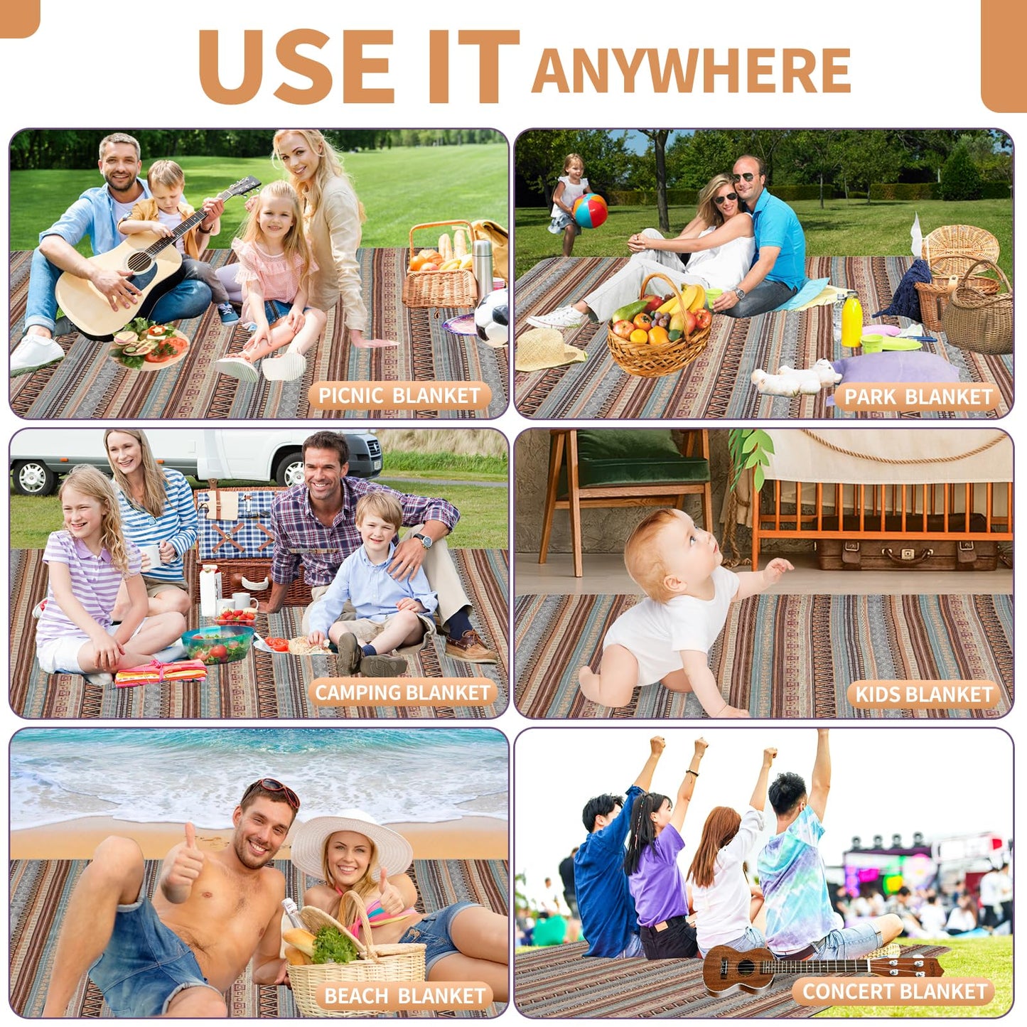 Extra Large Waterproof Picnic Blanket | Portable Camping & Beach Mat | Sand Free with Carry Strap | Park Blanket for Grass, Hiking, Travel, Concerts, Indoor (Orange)