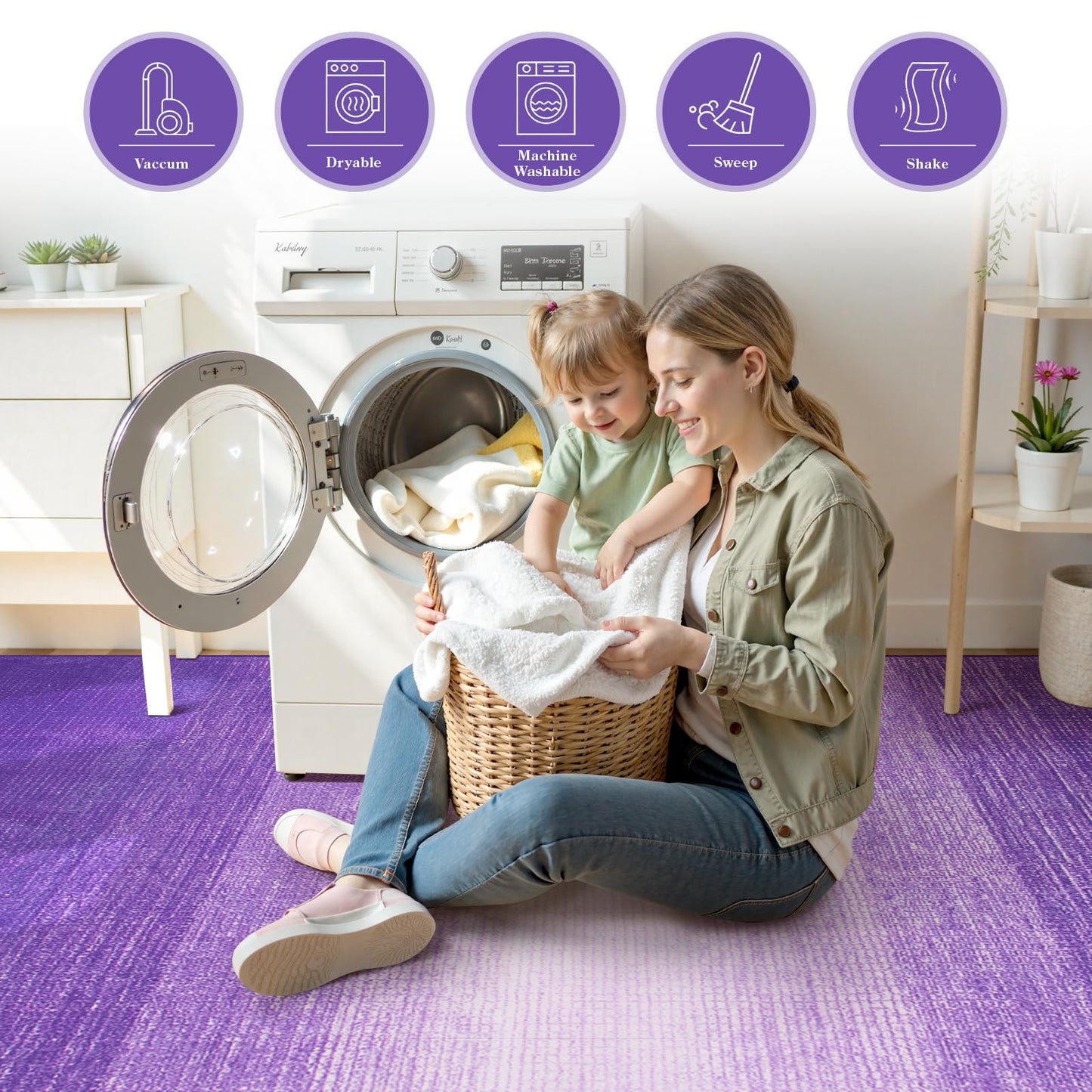 Wonnitar Modern Ombre Washable Rugs 5x7 for Bedroom, Non-Slip Purple Large Living Room Area Rug, Non-Shedding Abstract Low Pile Nursery Rug Soft Floor Carpet for Bedside Dorm (Purple, 5'x7')