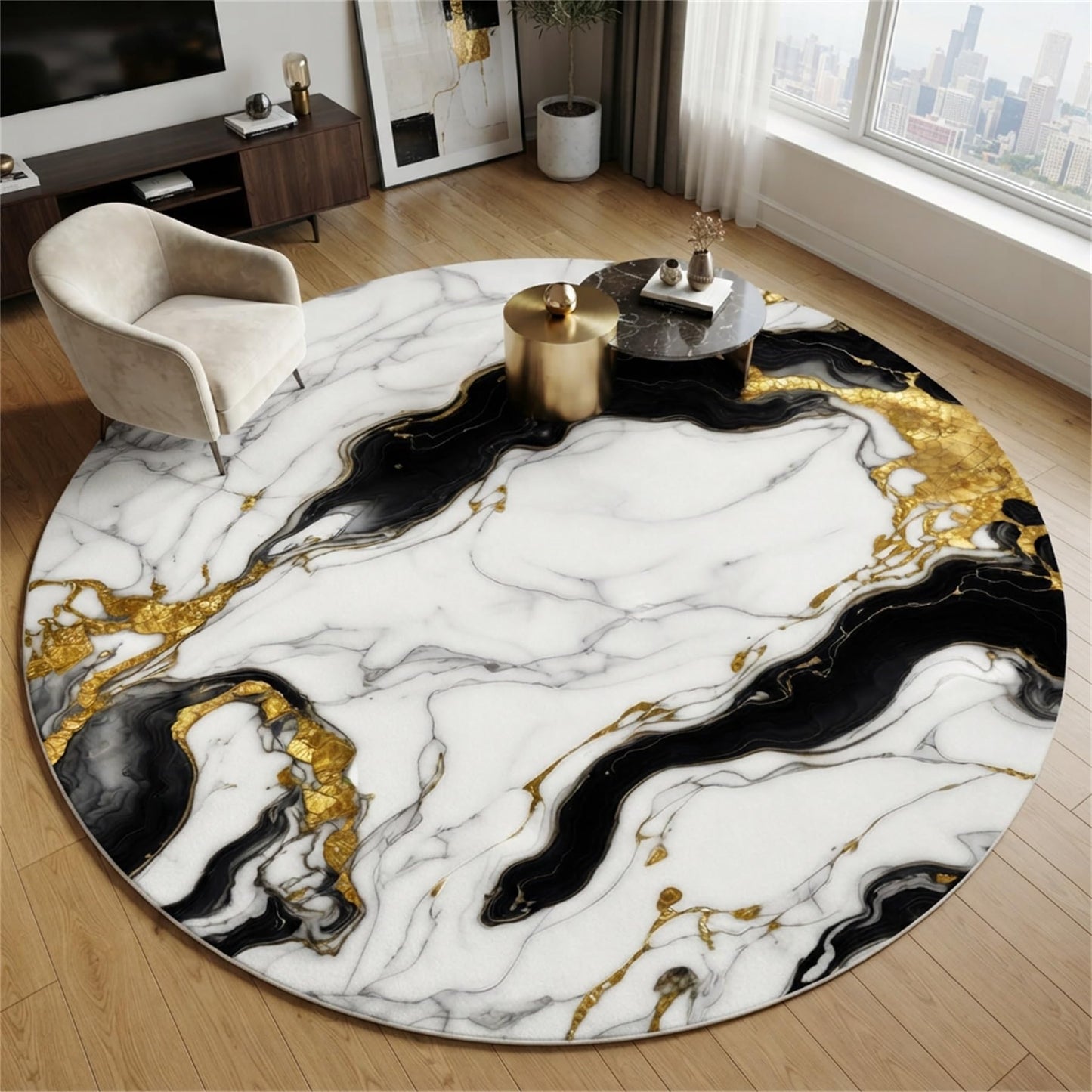 Round Area Rug 5ft Modern Abstract Marble Texture Indoor Rugs for Livingroom Bedroom Lux Black Cream Gold Circle Rug Machine Washable Non Skid Thin Soft Large Carpet Nursery Dorm Kitchen Floor Mats