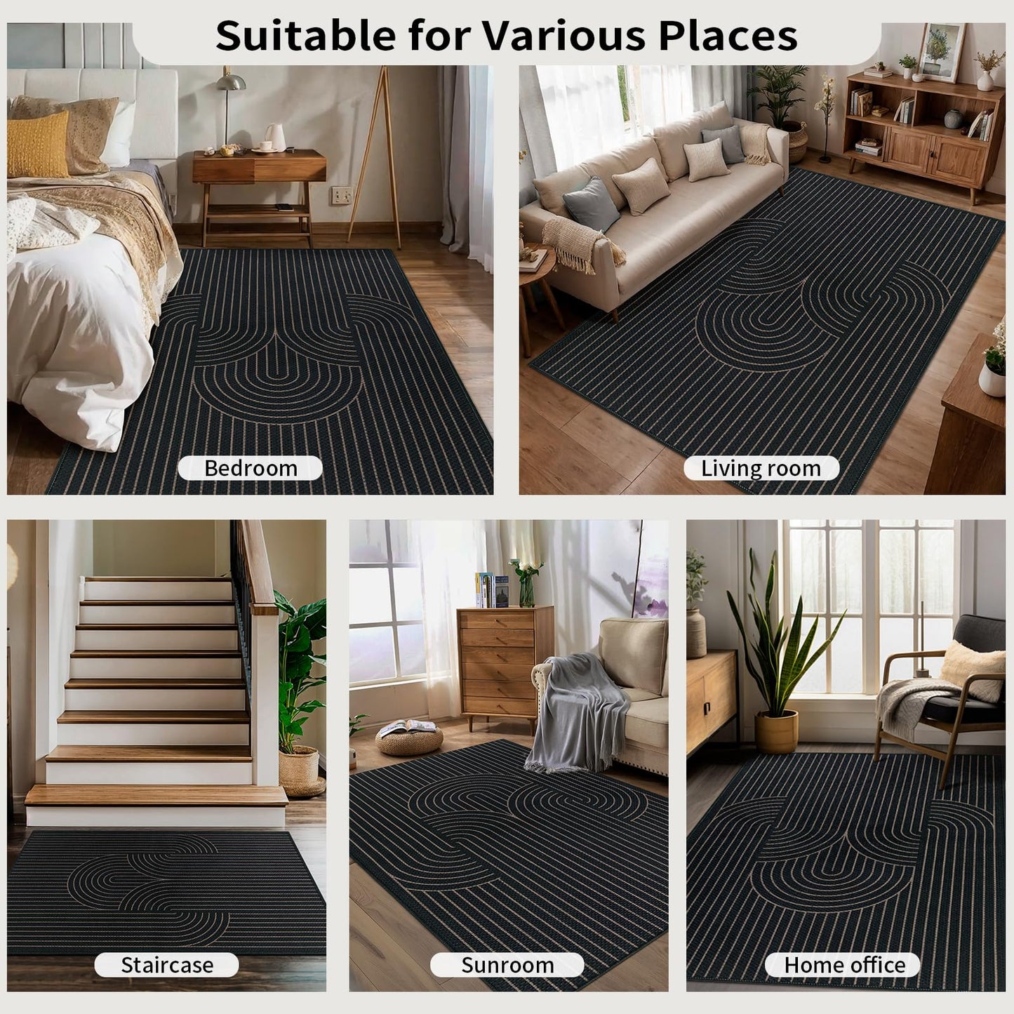 Tangsoo Black Geometric Rainbow Easy Jute Area Rug,4x6 Washable Thin Rug for Patio,Non Slip Rubber Backing Indoor Outdoor Carpet Boho Farmhouse Throw Mat for Front Porch Bedroom Living Room