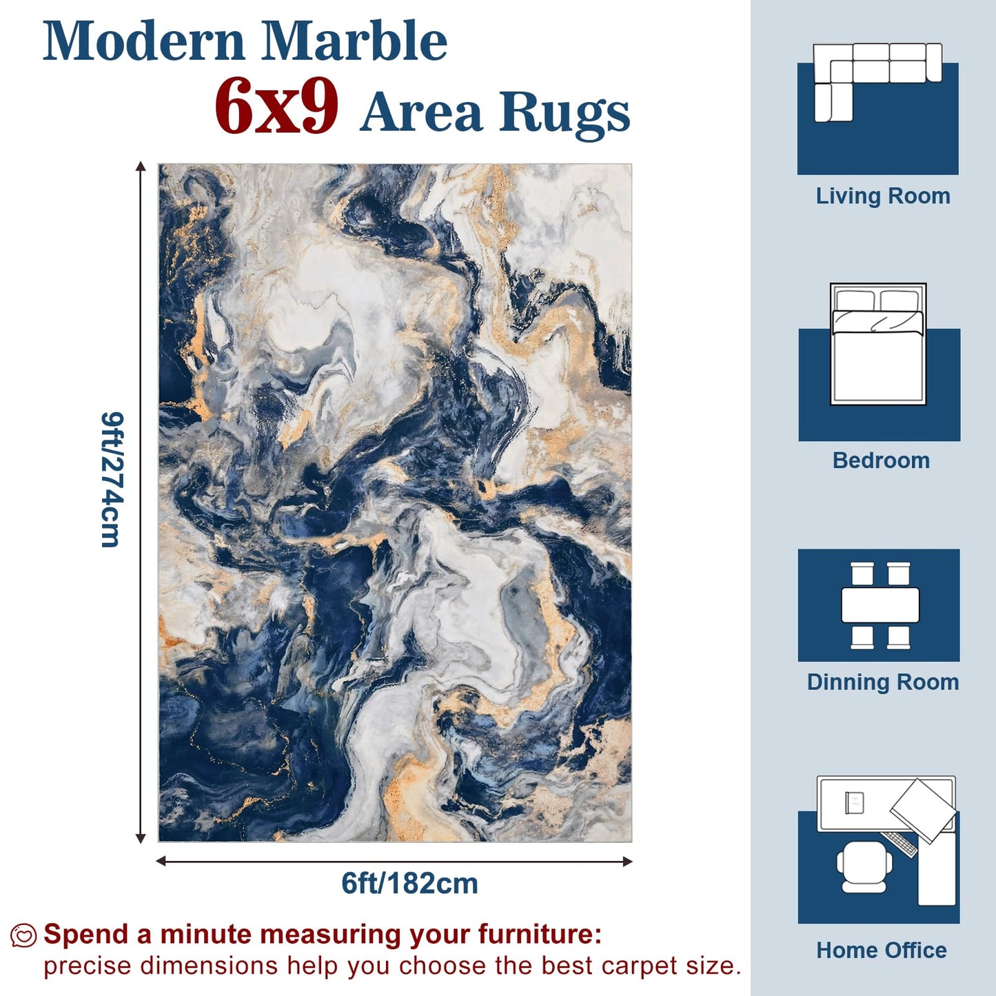 Yinhua Marble Area Rug 6x9, Modern Washable Rug Non Slip, Soft Faux Wool Abstract Rugs Non Shedding, Low Pile Living Room Rugs Pet Friendly, Blue and Gold Carpet for Bedroom Nursery Office