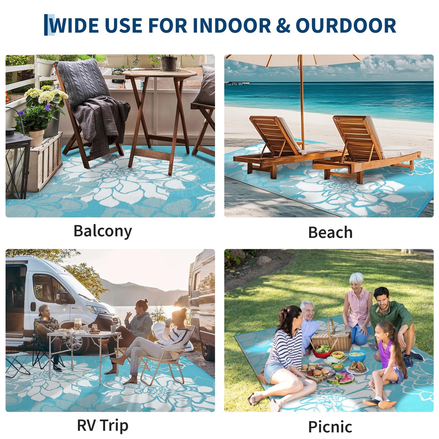 IDEALHOUSE Reversible Outdoor Rug, 320GSM Recycled Plastic Patio Rug, Lightweight Folding Camping Mat with Carry Bag and 4 Stakes, for RV, Picnic, Beach, Balcony, Light Blue White, 9x18 ft