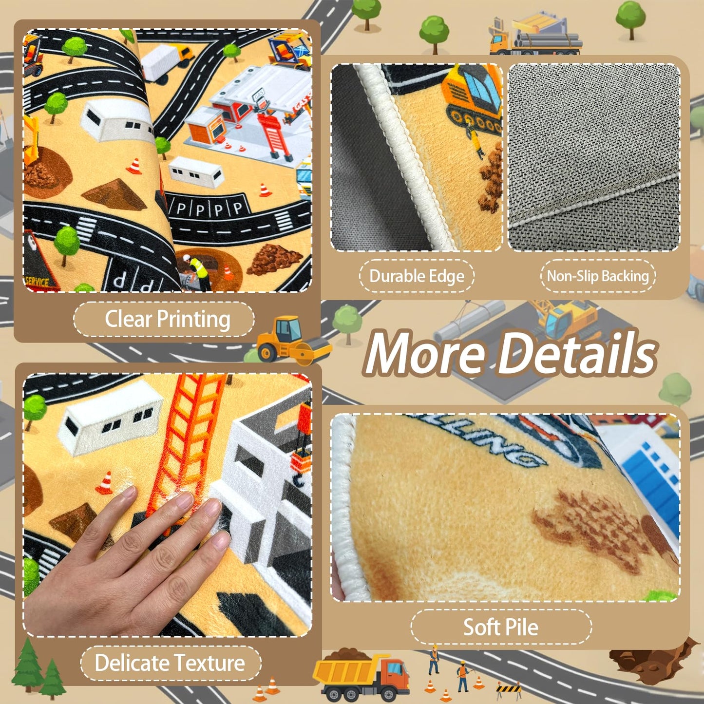 5x7 Ft Construction Site Car Rug Play Mat, Faux Wool Kids Rugs Engineering Car Playmat for Children Toddler, Non Slip City Road Trucks Rug Washable Carpet for Boy Playroom Bedroom Nursery