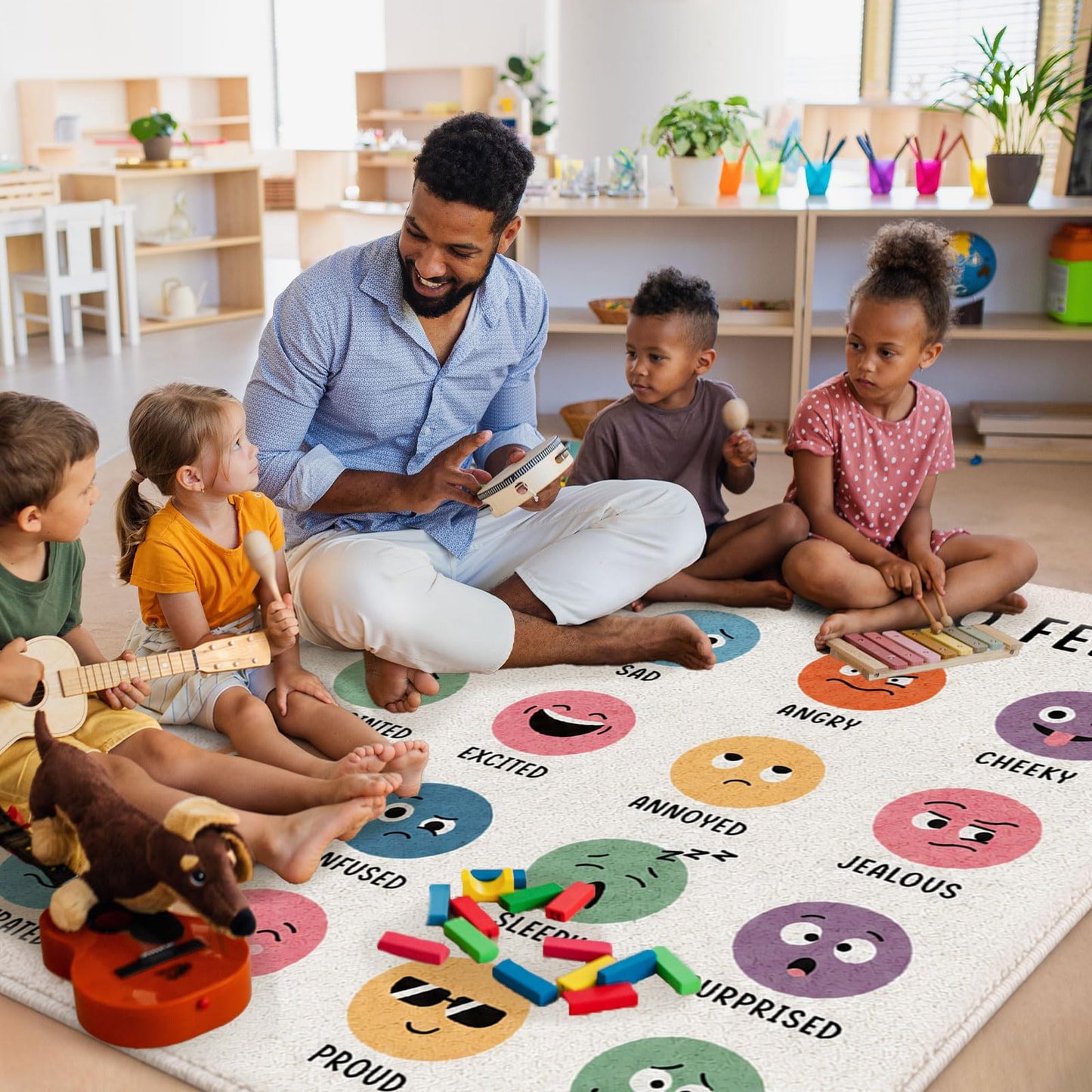 3.3x4 ft Calming Corner Items Calm Corner Classroom Rug Feelings Chart Emotion Area Rug Back to School Floor Mat Soft Fluffy Mental Health Non-Slip Play Carpet for Nursery Playroom Bedroom Living Room