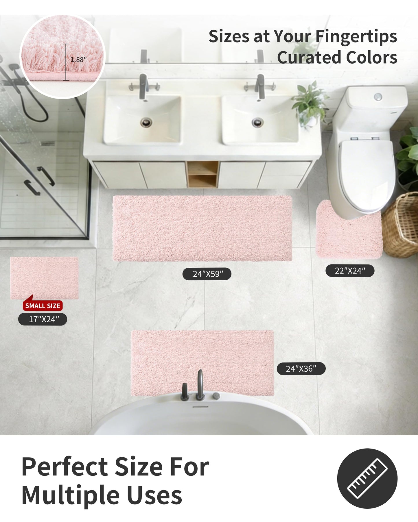 ILANGO Pink Bathroom Rugs 24" × 17" Non Slip & Super Absorbent Extra Thick Soft, Washable Bath Mat for Floor, Non Shedding Microfiber Plush Holiday Bath Rug with Rubber for Shower Sink