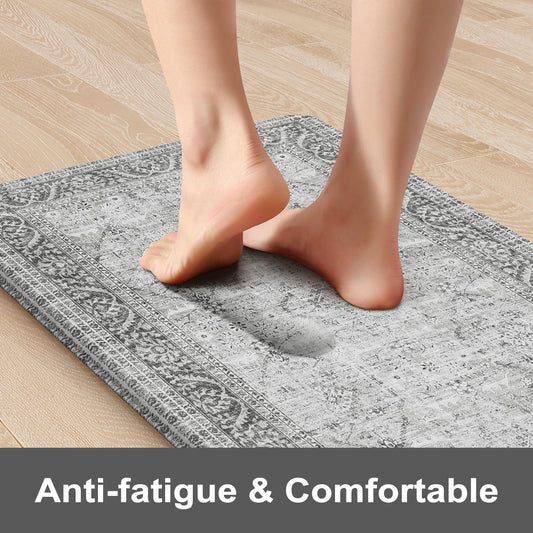 KIMODE Anti Fatigue Kitchen Mat 2PCS,Waterproof Farmhouse Kitchen Rugs Non-Slip,Vintage Grey Kitchen Mat for Floor,Cushioned Comfort Foam Standing Mat for Laundry,Office,Sink,Desk