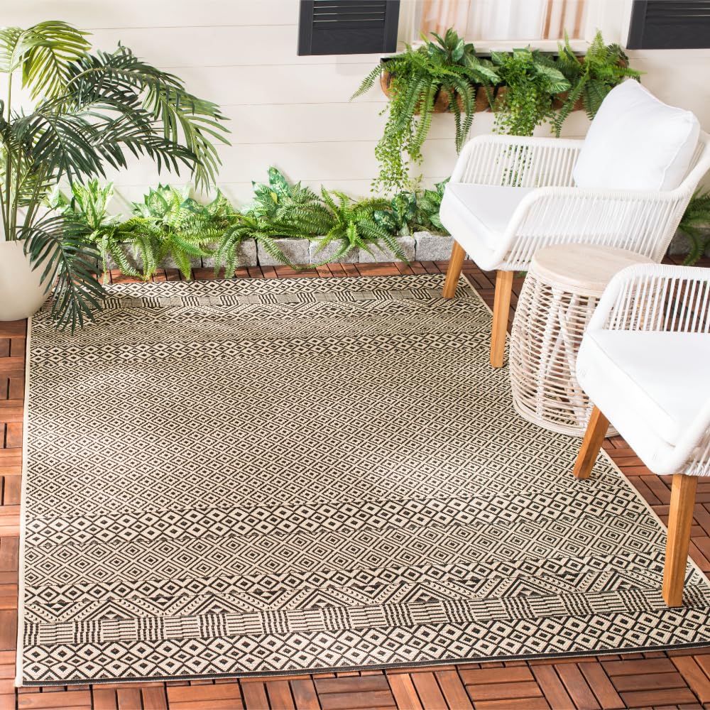 SAFAVIEH Washable Rug Outdoor Courtyard Collection - 5'3" x 7'7", Beige & Black, Non-Shedding & Easy Cleaning, Ideal for Patio, Backyard, Mudroom (CY6235-25612)