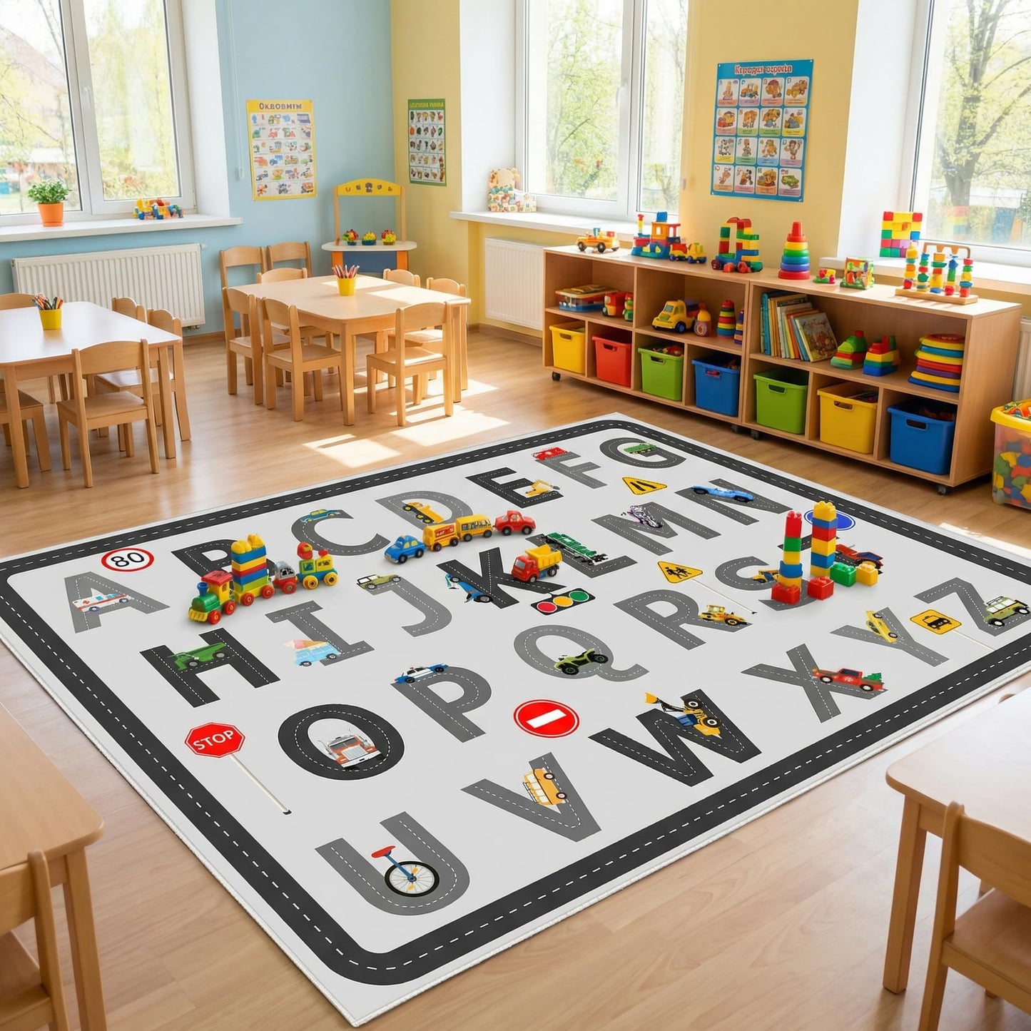 5x7 Ft ABC Alphabet Educational Area Rug for Children Toddler Girls Boys Leaning, Car Rug Play Mat for Kids Room, Playroom, Classroom, Nursery, Daycare, Non-Slip & Thick Faux Wool Kids Carpet-Washable