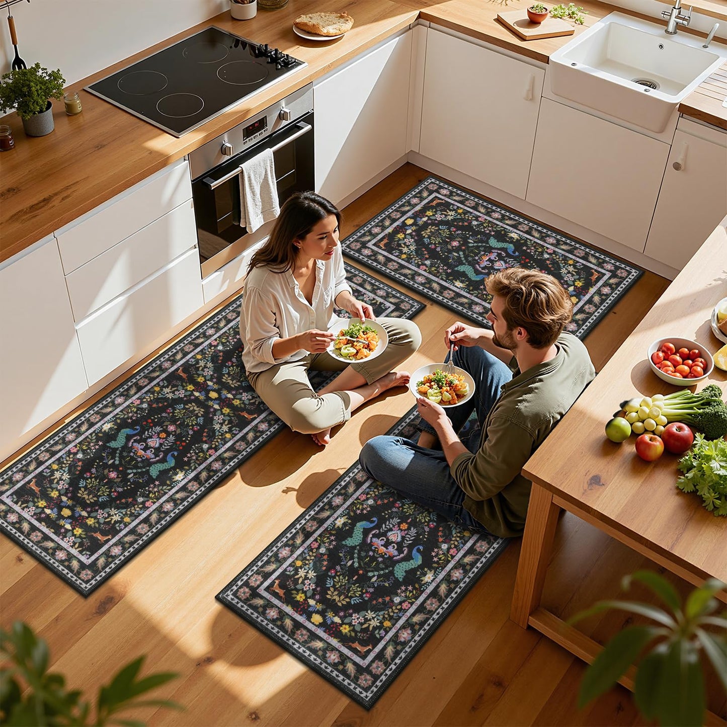 HEBE Washable Kitchen Rugs Sets of 3, Non Slip Absorbent Kitchen Rugs and Mats, Farmhouse Stain Resistant Kitchen Mat Carpet Runner for Kitchen Floor, Laundry Room, Hallway