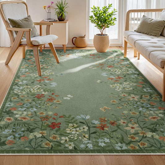Wonnitar 5x7 Washable Area Rug, Green Floral Rug for Living Room, Boho Rug for Bedroom, Non Slip Flower Nursery Carpet, Low Pile Cottagecore Dining Room Decor (5x7 Green)