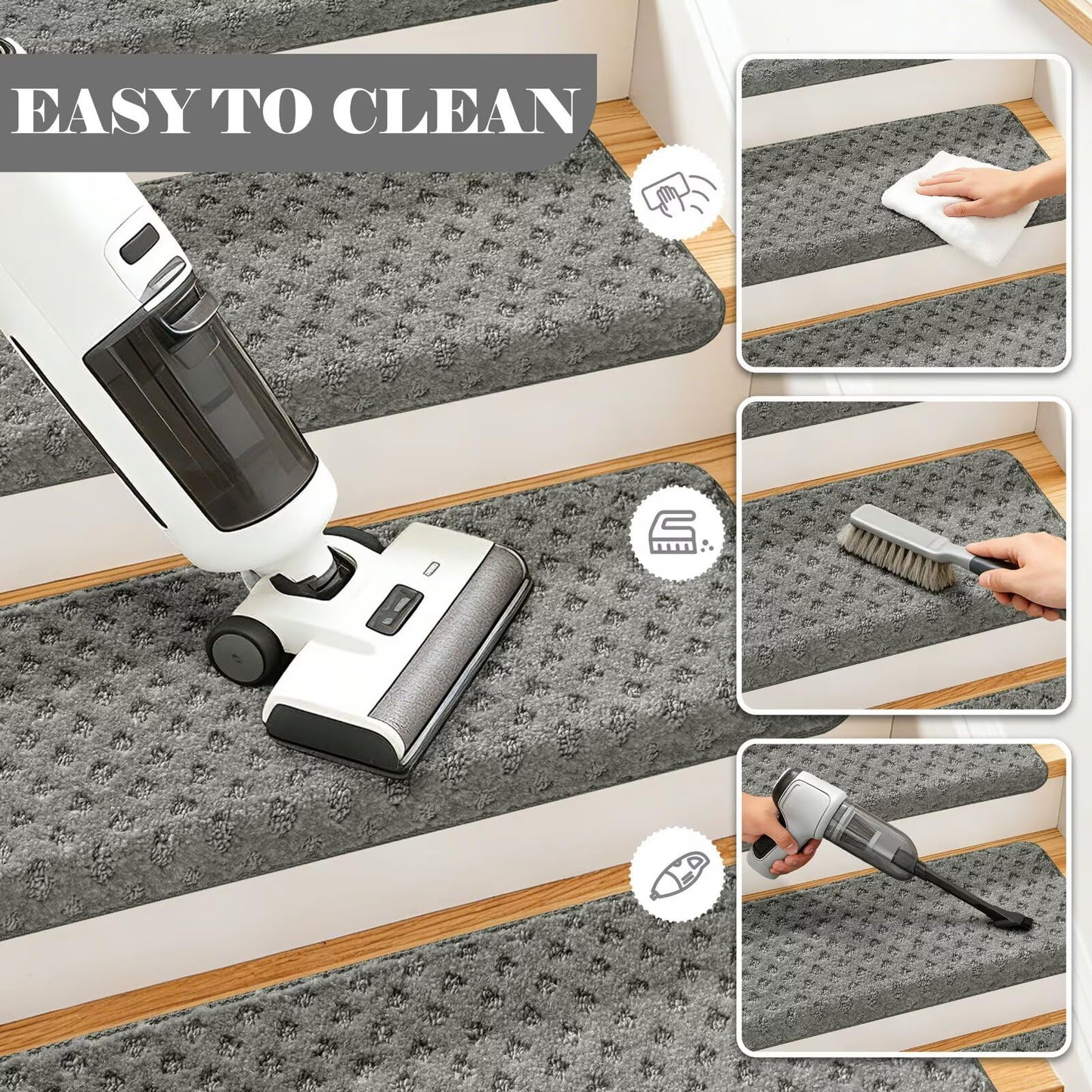 DEXDE Bullnose Carpet Stair Treads Non Slip for Wooden Steps Indoor, 30" x 9.5" x 1.7" (7 Pack) Grey - Peel and Stick Stair Runner Rugs with Edge Protection, Washable & Reusable Pet Friendly Mats