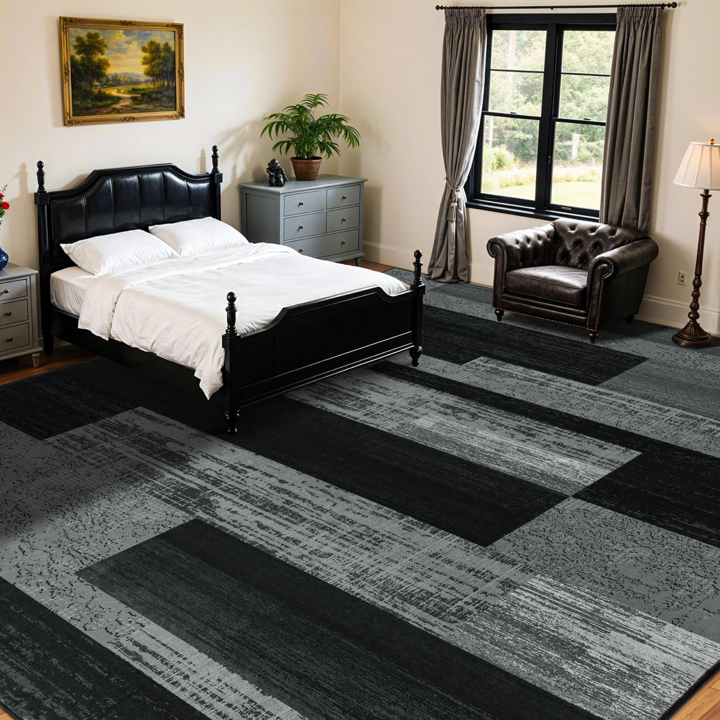 LIANLAM 8x10 Washable Area Rugs for Living Room and Bedroom, Vintage Checkered Pattern Non-Slip Carpet, Stain Resistant Low Pile Soft Rug for Dining Room,Office,Nursery,Kids Room(8x10,Gray)