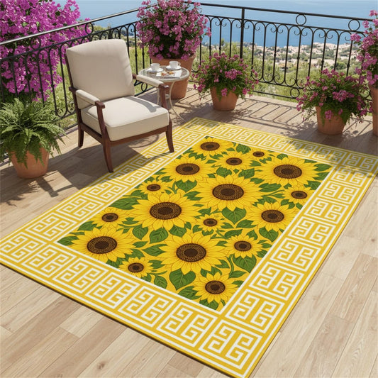 Waterproof Outdoor Area Rug 5x7 Vintage Greek Key Border Sunflower Print Rugs for Porch Patio Deck Backyard Machine Washable Anti Slip Thin Cool Yellow Floral Carpet Balcony Veranda RV Floor Mats