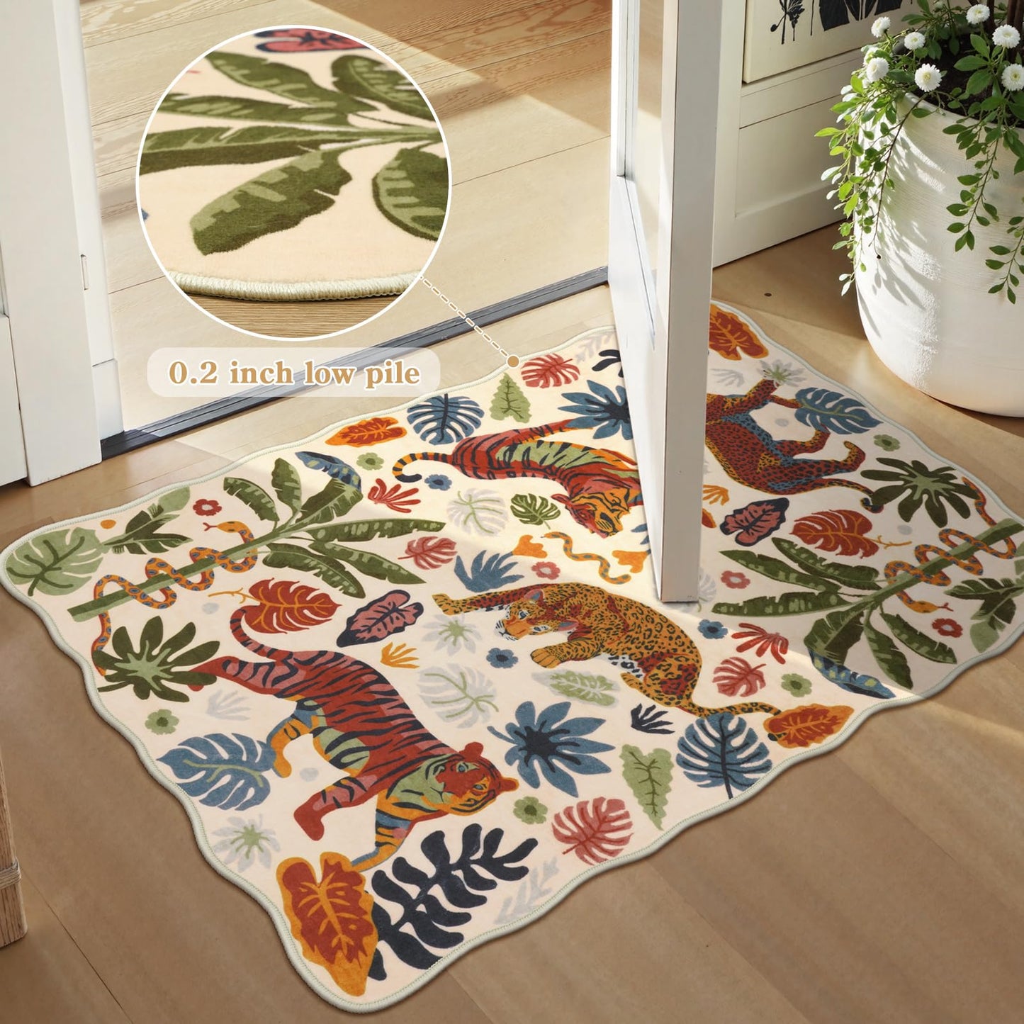 LEEVAN 5x7 Animal Area Rugs Washable Beige Tiger Living Room Rugs Non Slip Scalloped Tiger Bedroom Rug Low Pile Leopard Nursery Floor Carpet Jungle Leaf Print Kids Rug