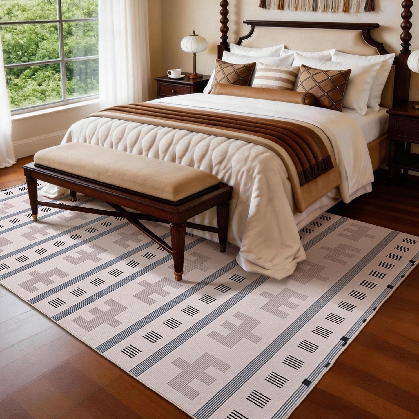 YIHOUSE Geometric Boho Area Rug - Moroccan Washable Non Slip Rug, Modern Minimalist Low Pile Rug for Living Room Bedroom Dining Kitchen, Cream Beige 6x9