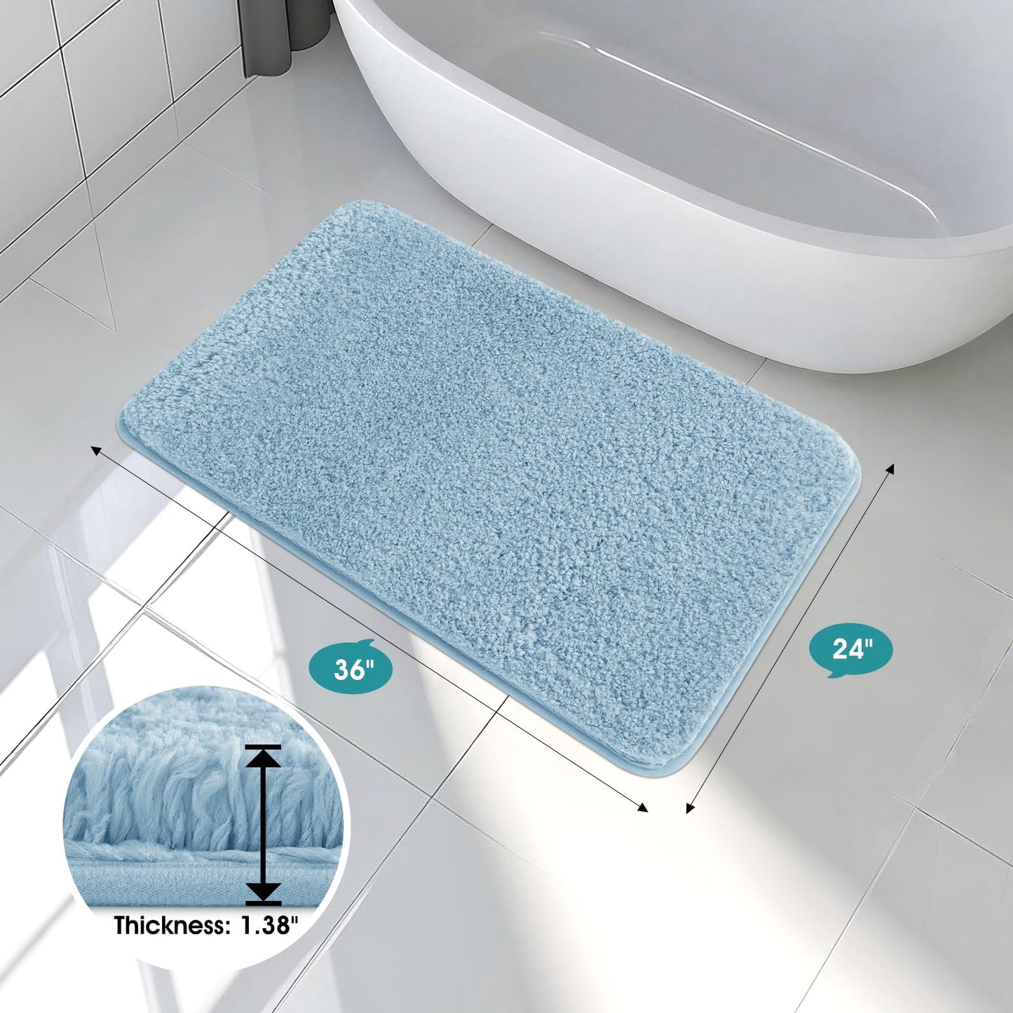 Microfiber Thick Bathroom Rugs, Flurry Non Slip Bath Rug, Ultra Soft Plush Absorbent Bathroom Mat, Machine Washable Luxury Toilet Rug Set, Bath Mat for Tab, Shower and Bathroom, Light Blue, 36"x24"